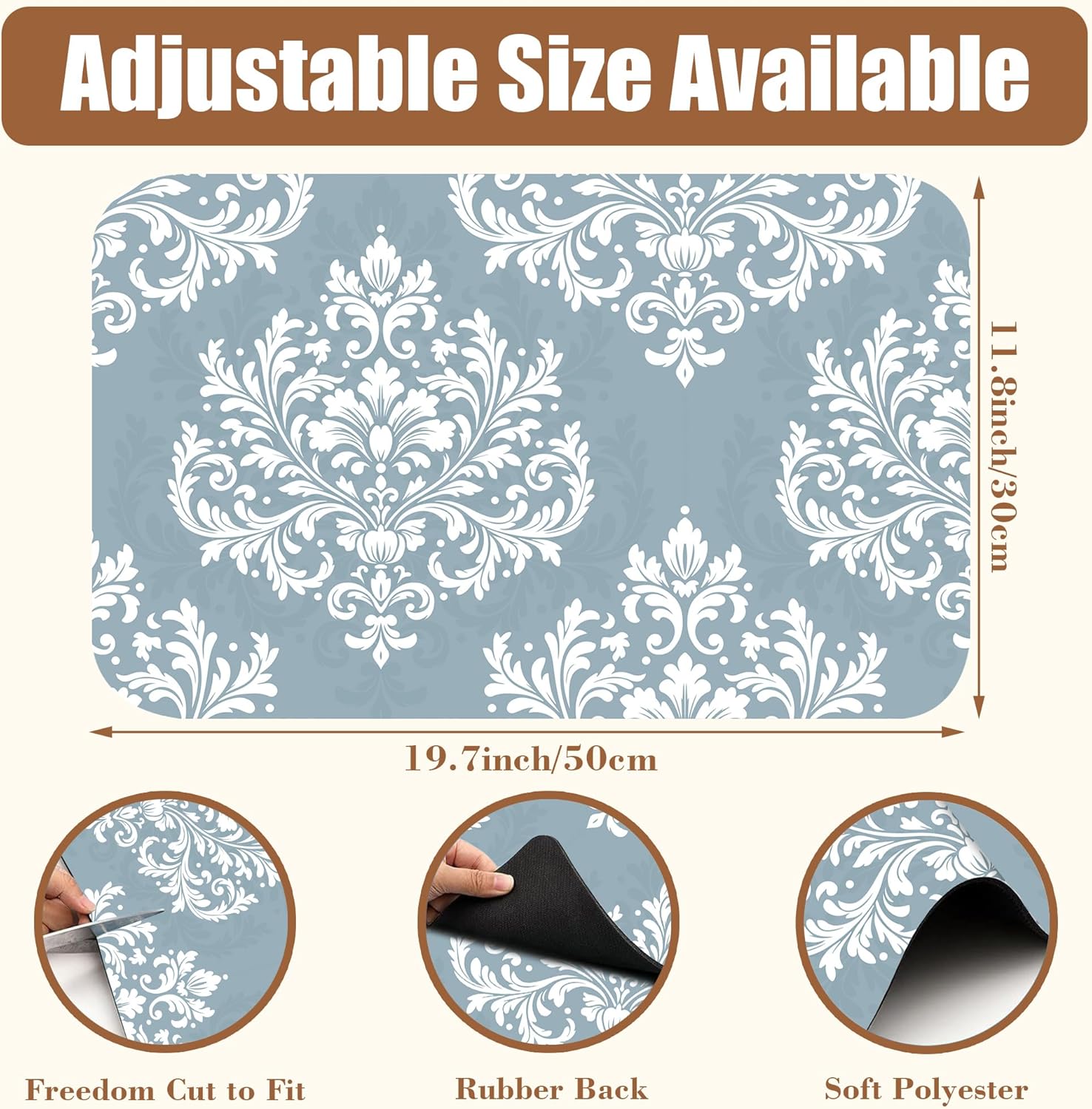 Dish Drying Mat Blue Damask Floral Coffee Bar Mat for Countertop Absorbent Rubber Backed Hide Stain Dish Drainer Rack Pad Coffee Maker Espresso Machine Dining Room Decoration 11.8 x 19.7 Inch - cafe - crumble.com