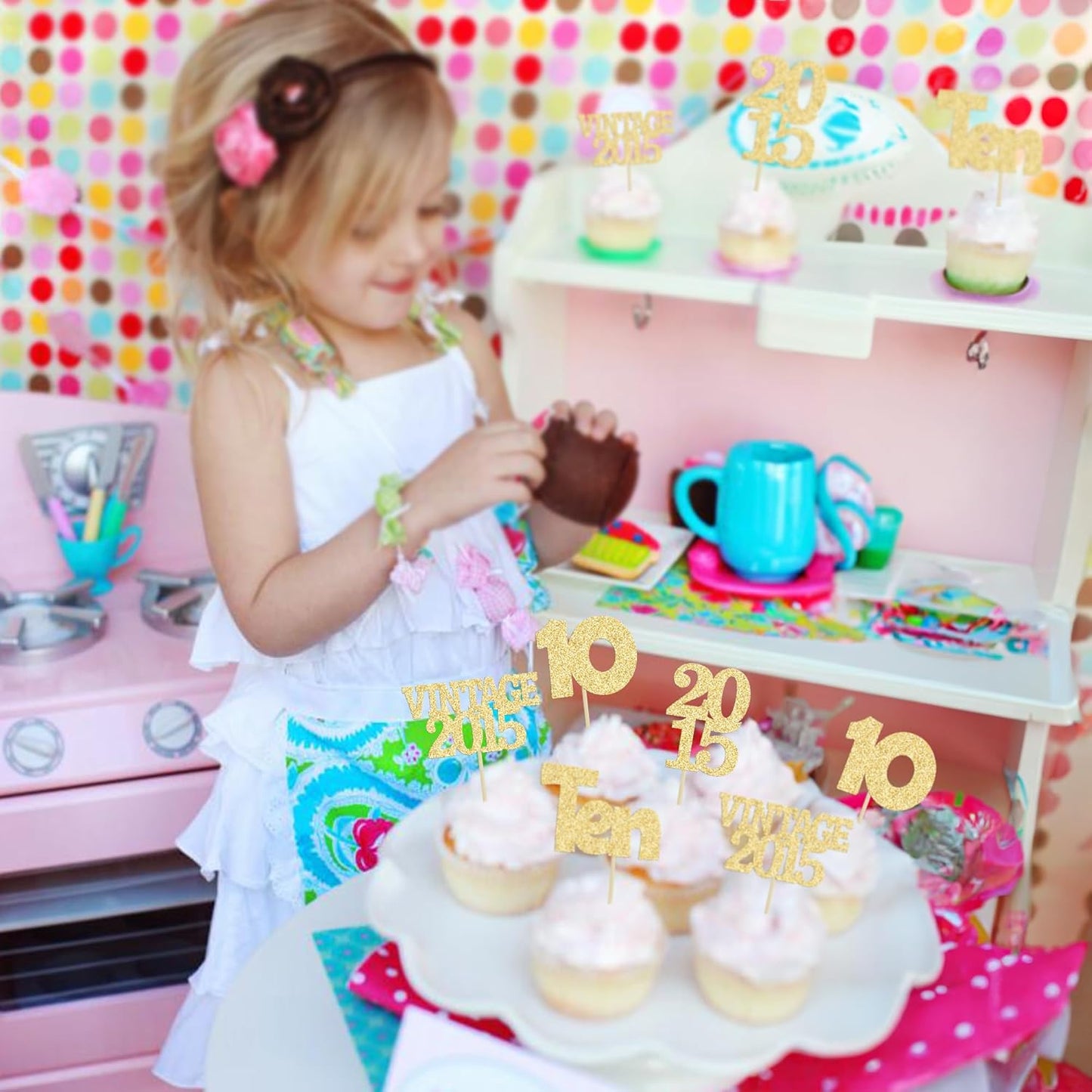 Gyufise 24Pcs Double Digits 10 Cupcake Toppers Glitter Ten Vintage 2015 10th Birthday Cupcake Picks Hello 10 Years Birthday Cake Decorations for Happy 10th Birthday Anniversary Party Supplies Gold