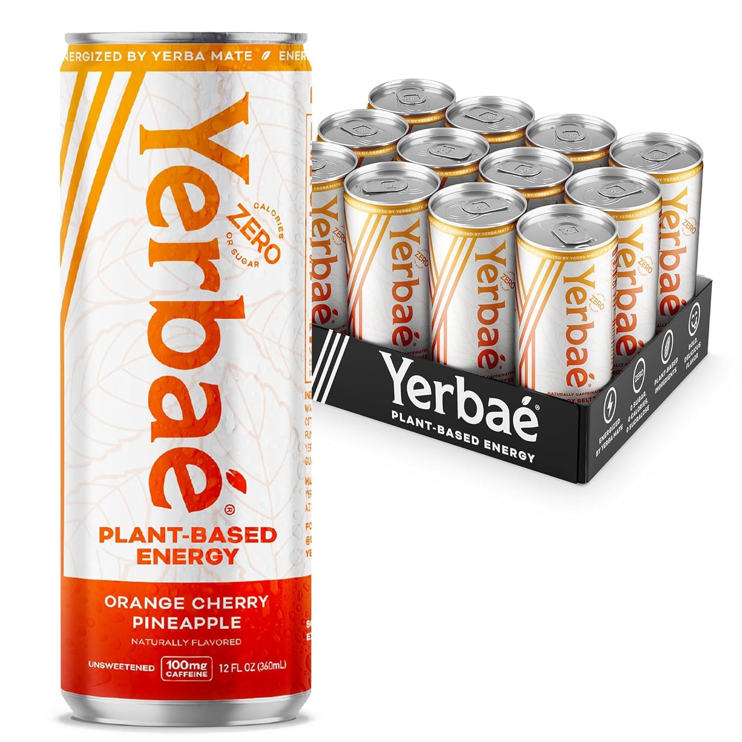 Yerbaé Energy Seltzer - Orange Cherry Pineapple No Sugar/Calories/Carbs. Energized by Yerba Mate, Naturally Caffeinated Plant-Based, Healthy Alternative to Coffee/Sugary Sodas, Pack of 12, 12oz cans