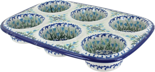 Blue Rose Polish Pottery - Blue Misty Muffin Pan - 12" x 8" - Ceramic Baking Dish, 6 - Cup Muffin & Cupcake Pan - cafe - crumble.com