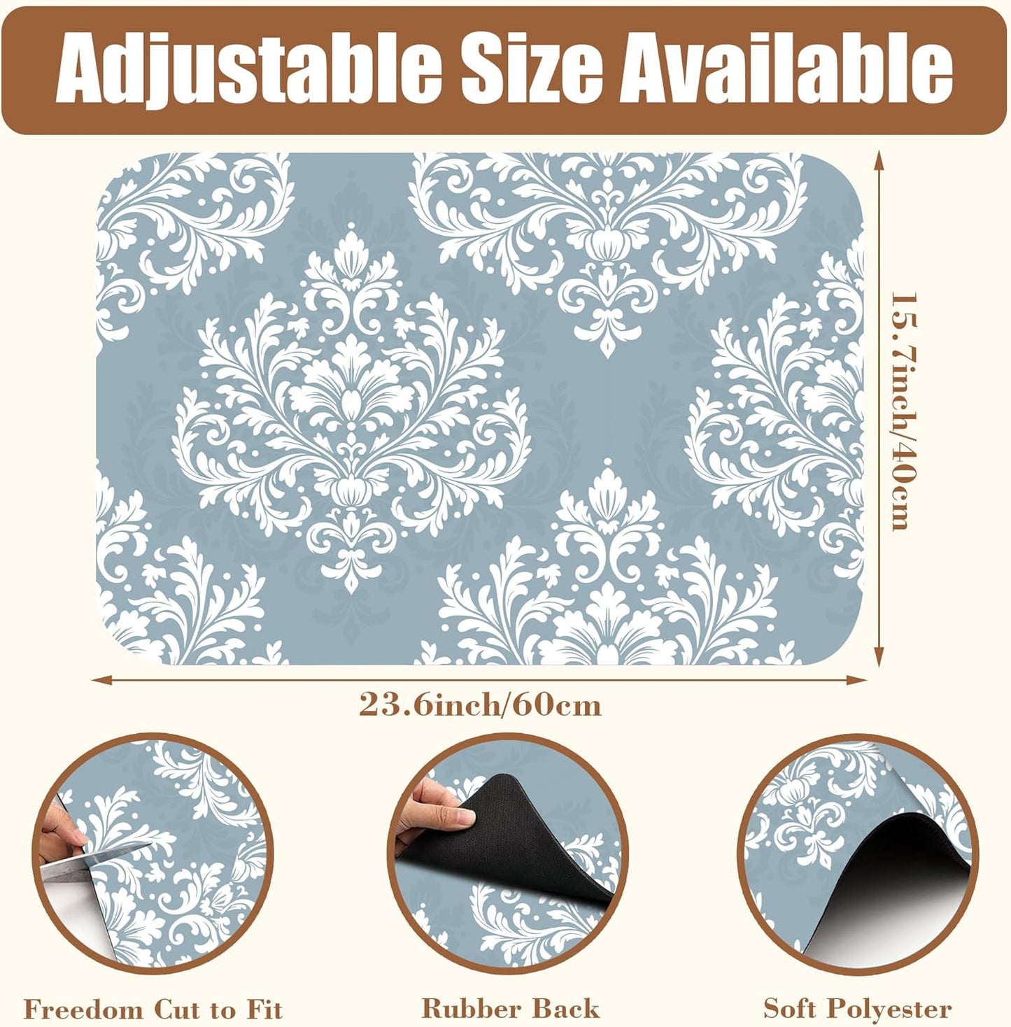 Dish Drying Mat Blue Damask Floral Coffee Bar Mat for Countertop - Absorbent, Rubber Backed, Hide Stain Dish Drainer Rack - Coffee Maker Pot Dining Room Decoration 15.7 x 23.6 Inch - cafe - crumble.com