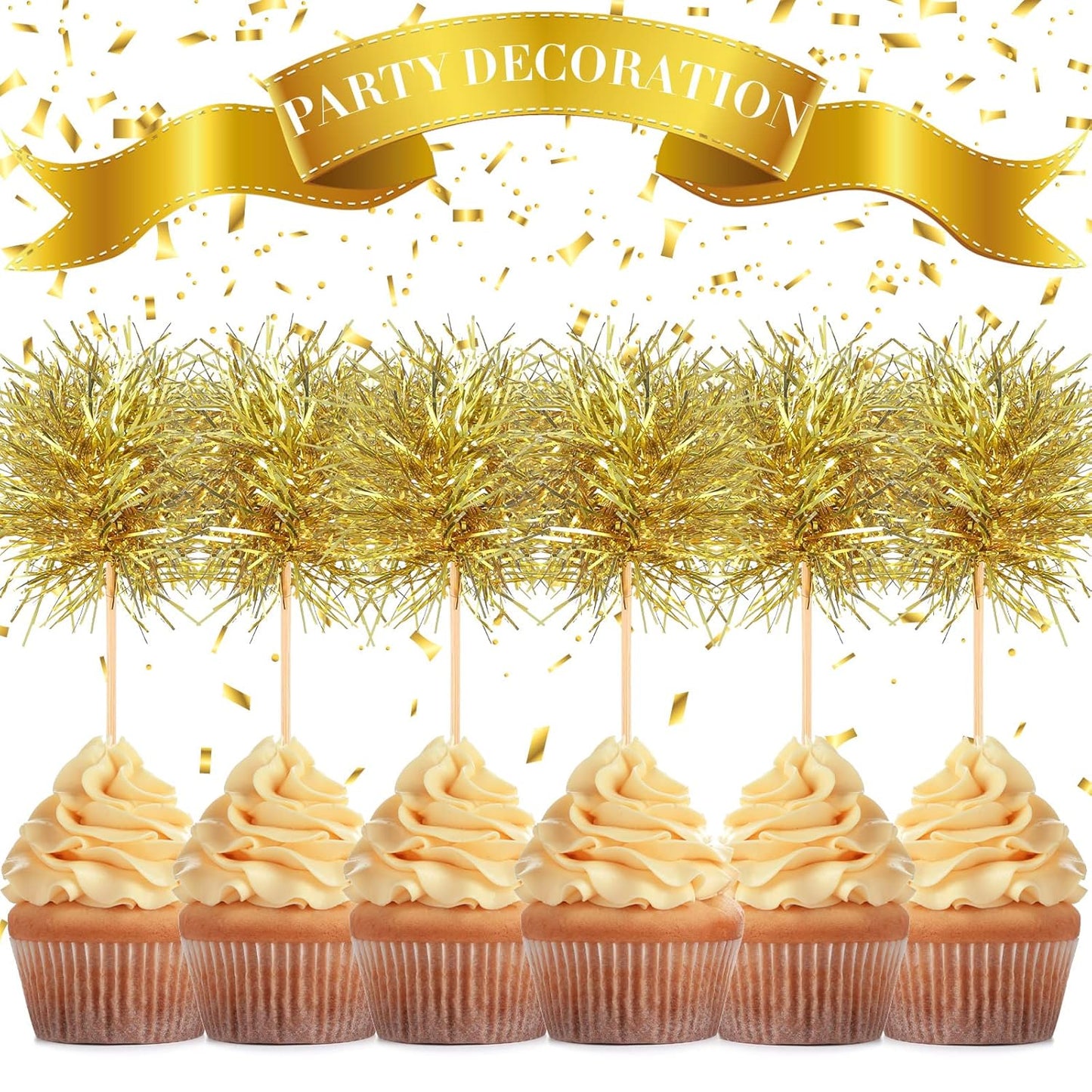 Chinco 100 Pcs Foil Firework Cupcake Toppers Sparkle Tinsel Cake Toppers Cake Decoration Cocktail Fruit Toothpick for Birthday Wedding Graduation Party(Gold)
