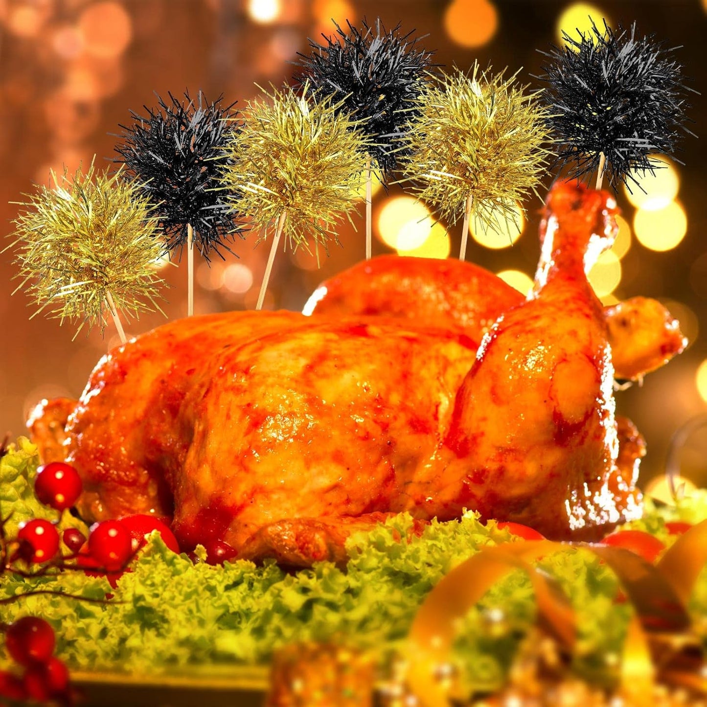 Chinco 100 Pcs Foil Firework Cupcake Toppers Sparkle Tinsel Cake Toppers Cake Decoration Cocktail Fruit Toothpick for Birthday Wedding Graduation Party(Black, Gold)