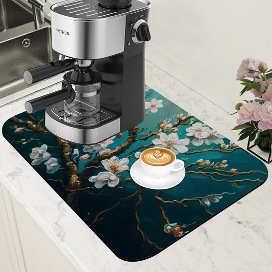 Blossoming Almond Tree Dish Drying Mat for Kitchen Counter Hide Stain Absorbent Drying Rack Pad Rubber Backed Coffee Mat Espresso Machine Coffee Bar Accessories 11.8 x 19.7 Inch - cafe - crumble.com