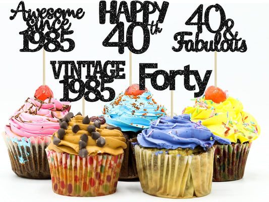 Gyufise 30Pcs Black Glitter Vintage 1985 Cupcake Toppers Awesome Since 1985 Cake Decorations Cheers to 40 Fabulous Forty Cupcake Picks 40th Birthday Wedding Anniversary Party Cake Decorations Supplies