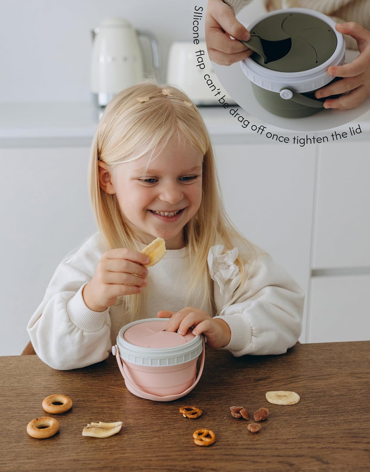 No Spill Silicone Toddler Snack Containers, Detachable Silicone Flap for Filling&Cleaning, Crumb-Free Hard Plastic Screw Travel Lid, Ultra-Soft for Baby Kids Hand In-Out, Snack Cup Holder 12 oz