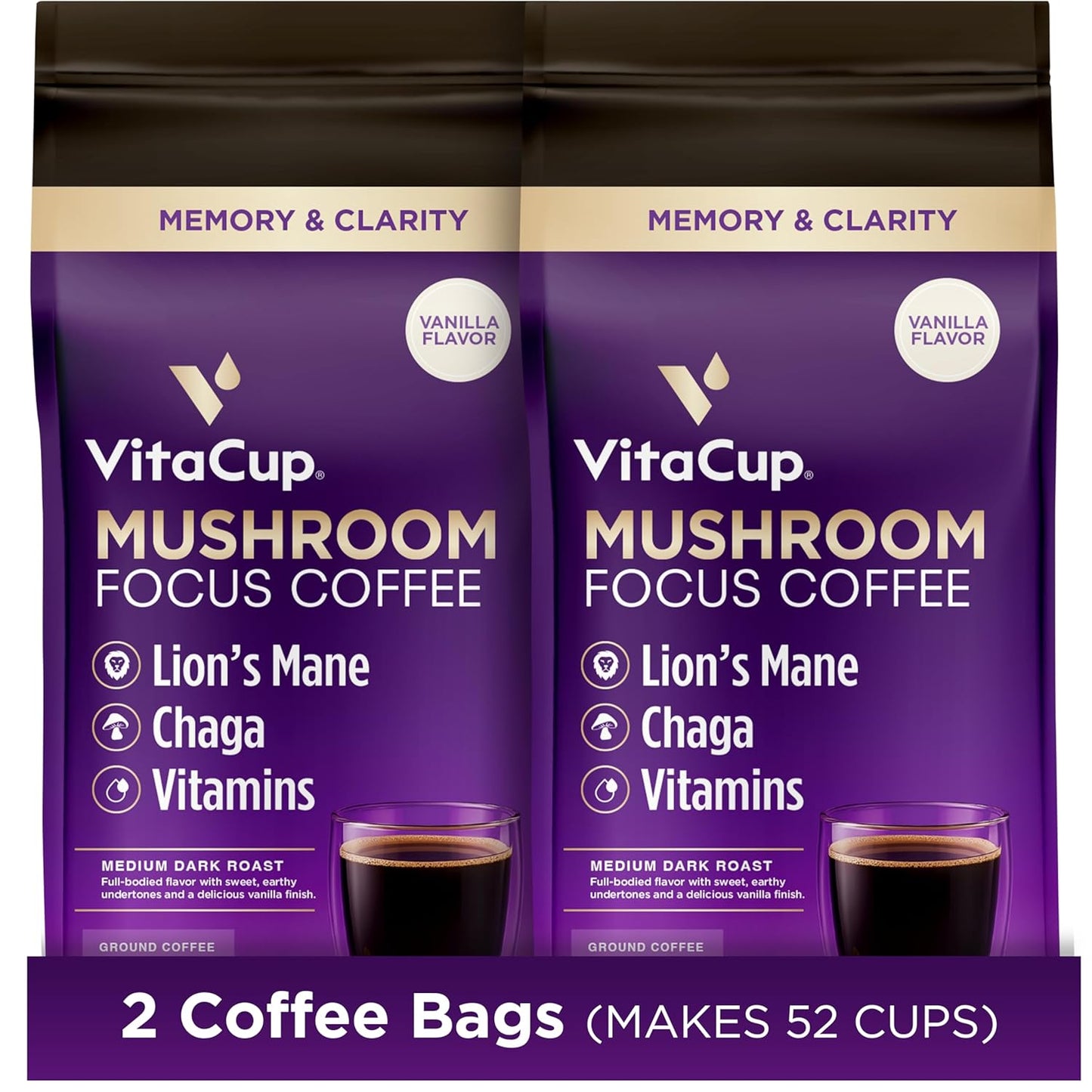 VitaCup Focus Mushroom Coffee Grounds, Vanilla Flavored Coffee with Lions Mane, Chaga, B Vitamins, D3, Boost Focus, Immunity, Memory & Clarity, Medium Dark Roast, 100% Arabica Specialty, 2 bags, 10 oz each