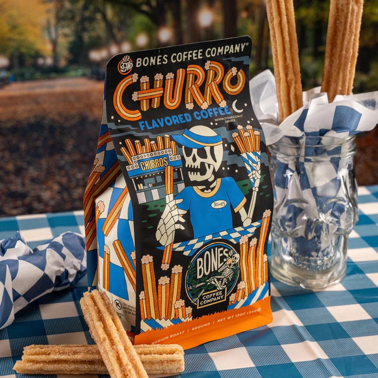 Bones Coffee Company Churro, Sweet Sugary Cinnamon Flavored Coffee, Medium Roast Low Acid Arabica Beans Compatible with Auto drip and French Press Coffee Maker, 12 Oz Whole Bean