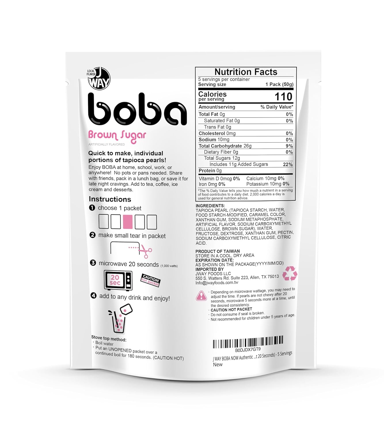 J WAY BOBA Authentic Instant Tapioca Boba Pearls for Milk Tea, Smoothies and Desserts, Brown Sugar Flavor (Ready in Just 20 Seconds) - 5 Servings