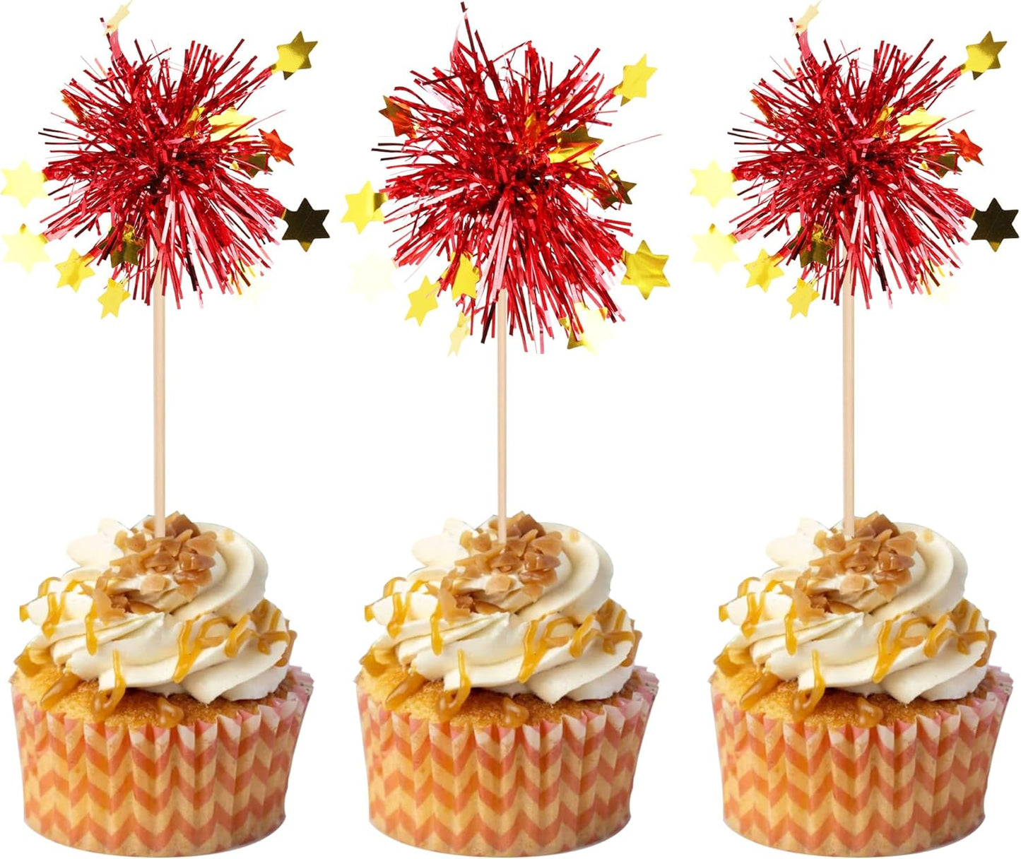30 PCS Foil Firework Cupcake Toppers Happy Birthday Star Cupcake Picks Sparkle Tinsel Drink Stirrers Cocktail Fruit Toothpicks for Valentine's Day Wedding Birthday Party Decorations Supplies Red