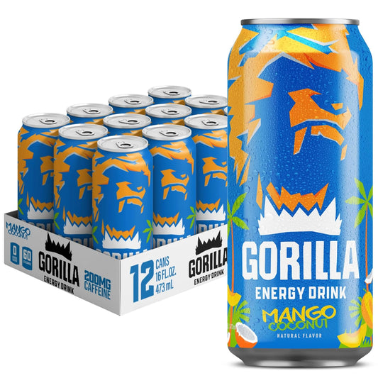 Gorilla Energy Drink, Mango Coconut, 200mg Natural Caffeine, Real Fruit Juice Squeezed & Concentrated, L-Theanine, Taurine, Ginseng, Acetyl L-Carnitine, No Added Sugar and No Artificial Colors, 12 Pack