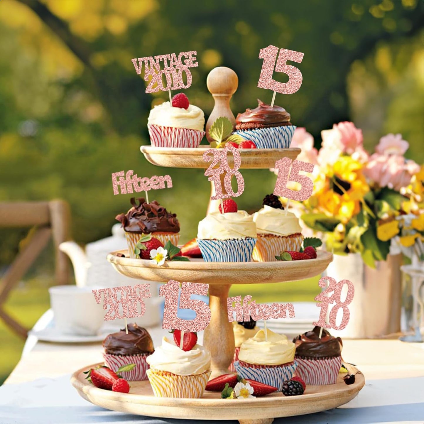 Gyufise 24Pcs 15th Birthday Cupcake Toppers Glitter Fifteen Vintage 2010 Hello 15 Years Birthday Cupcake Picks Sweet 15 Cake Decorations for Happy 15th Anniversary Party Supplies Rose Gold