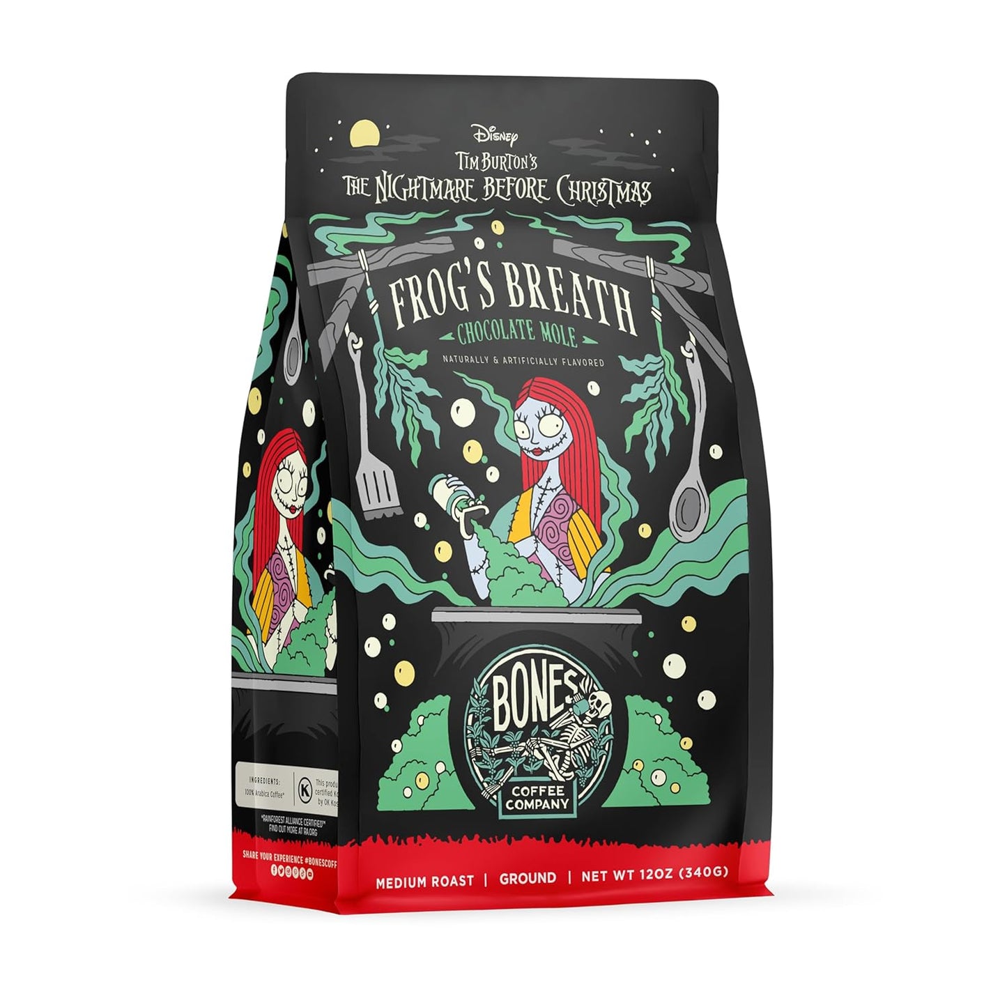 Bones Coffee Company The Nightmare Before Christmas Frog's Breath Flavored Coffee Beans, Medium Roast Ground Coffee Low Acid, Chocolate Mole Flavor (12 oz)