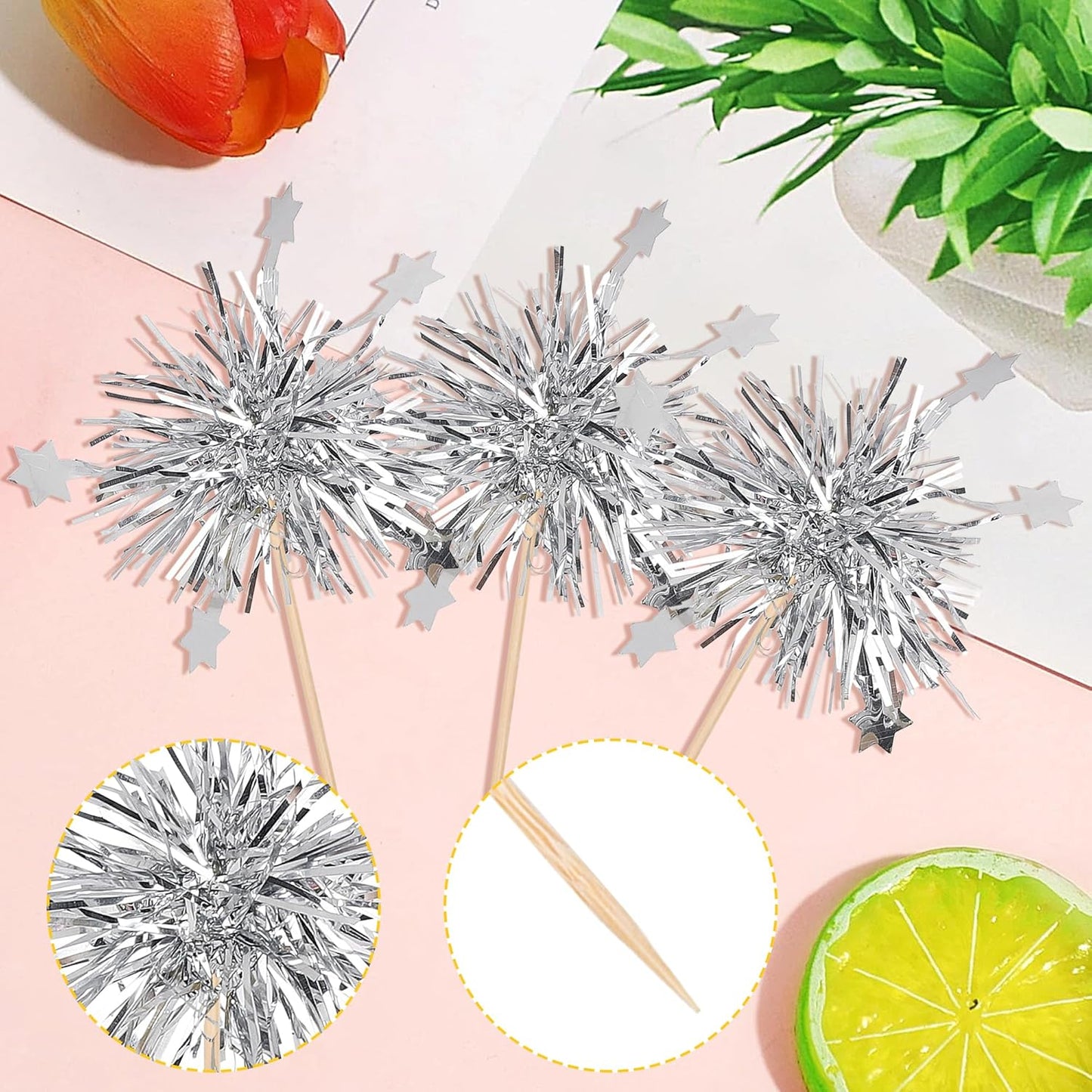 30 PCS Foil Firework Cupcake Toppers Star Cupcake Picks Sparkle Tinsel Flower Drink Stirrers Cocktail Food Fruit Toothpicks for Valentine's Day Birthday Party Cake Decorations Supplies Silver