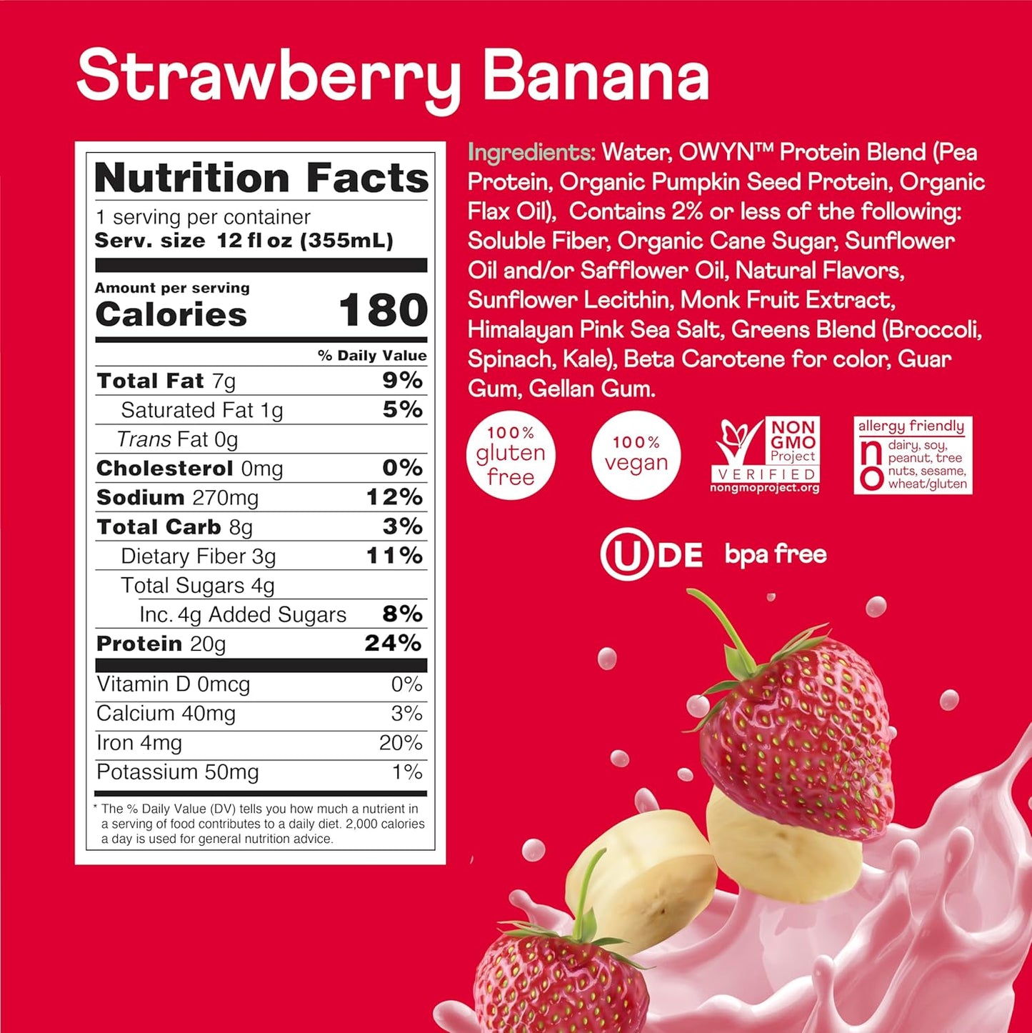 OWYN Only What You Need Vegan Protein Shake, Strawberry Banana,12 Fl Oz (Pack of 12), 100-Percent Plant Based, Dairy & Gluten Free, Soy & Tree Nut-Free, Egg-Free, Allergy-Free, Vegetarian, Kosher