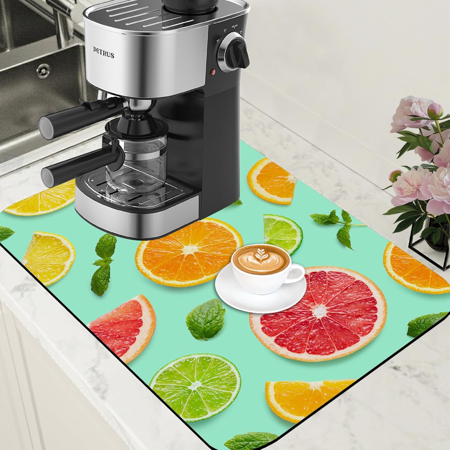 Citrus Fruits and Mint Leaves Dish Drying Mat for Kitchen Counter, Coffee Bar, Hide Stain Absorbent Rubber Backed Coffee Maker Mat, Espresso Machine Accessories, 15.7 x 23.6 Inch - cafe - crumble.com