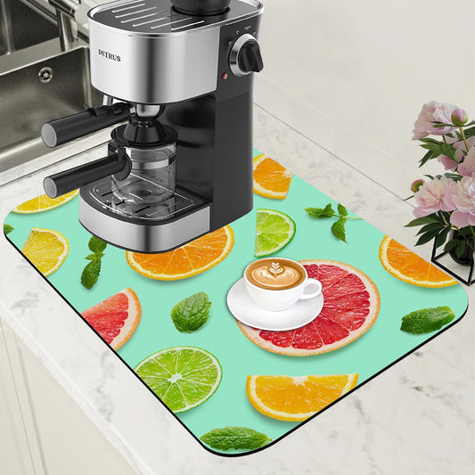Citrus Fruits and Mint Leaves Dish Drying Mat for Kitchen Counter Hide Stain Absorbent Coffee Mat Rubber Backed Drying Rack Pad Espresso Machine Coffee Bar Accessories 11.8 x 19.7 Inch - cafe - crumble.com