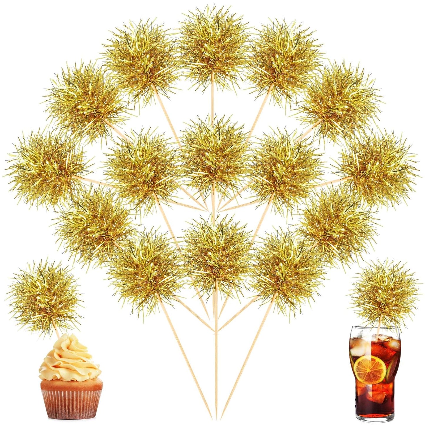 Chinco 100 Pcs Foil Firework Cupcake Toppers Sparkle Tinsel Cake Toppers Cake Decoration Cocktail Fruit Toothpick for Birthday Wedding Graduation Party(Gold)