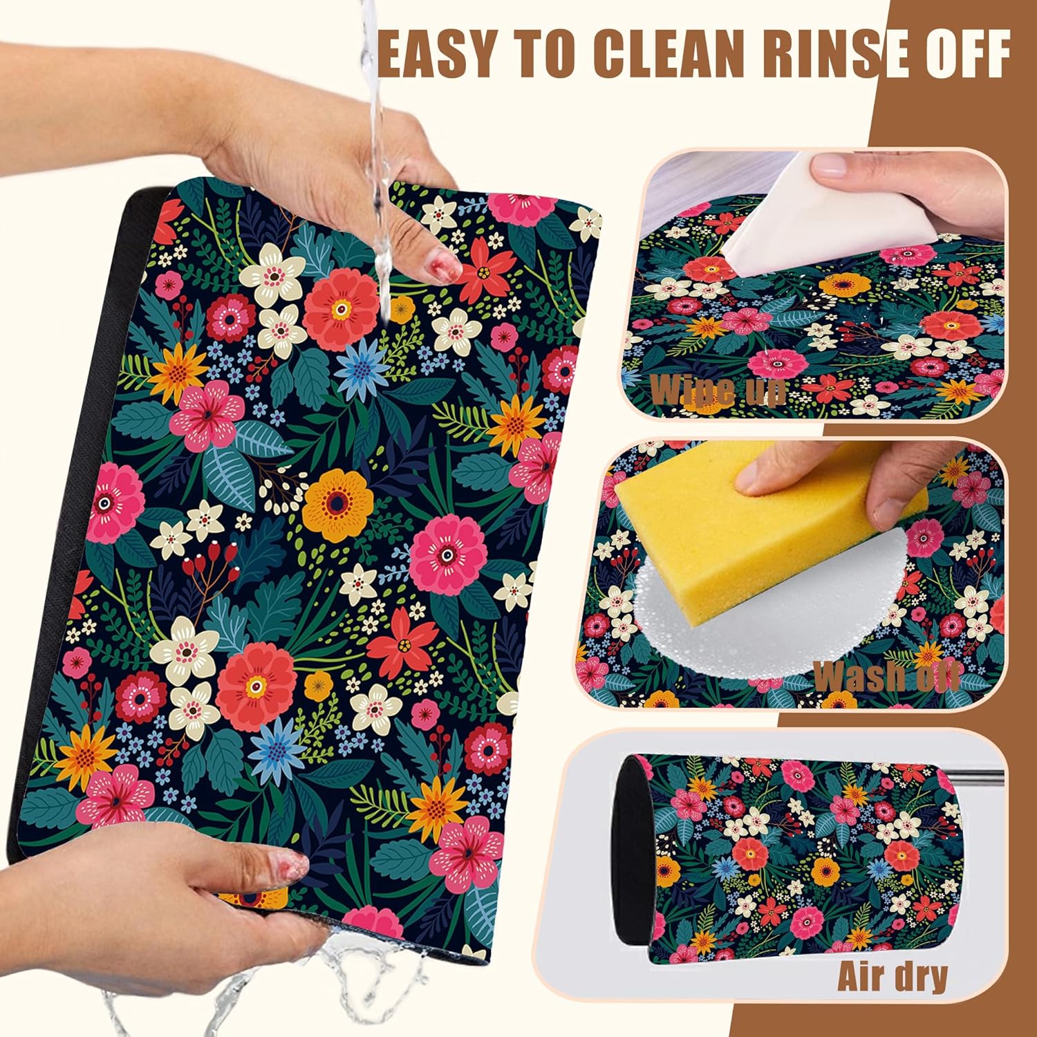 Dish Drying Mat Colorful Flowers and Leaves Coffee Bar Mat for Countertop Absorbent Hide Stain Rubber Backed Dish Drainer Rack Pad Espresso Machine Table Accessories Dining Room Decor 11.8 x 19.7 Inch - cafe - crumble.com