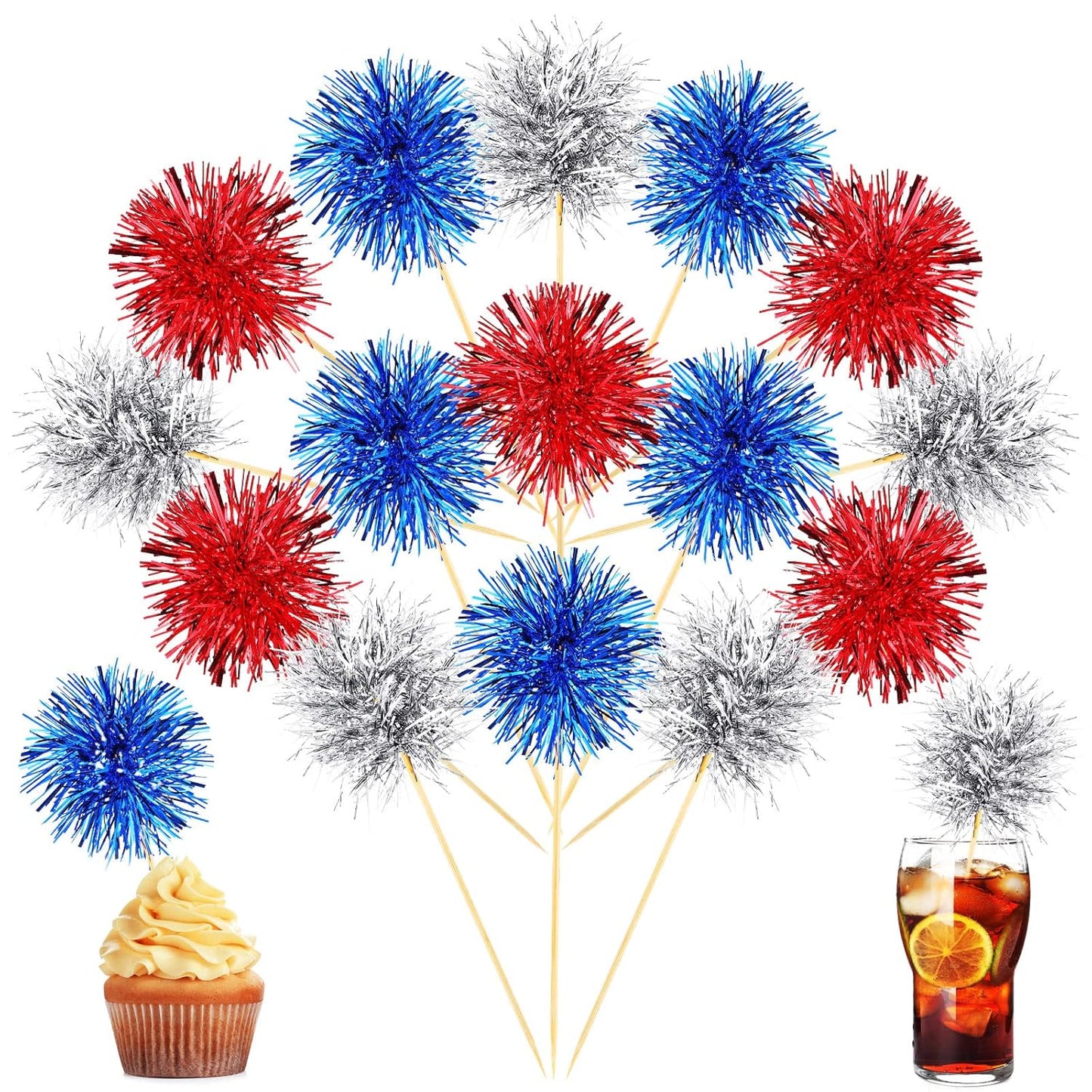Chinco 100 Pcs Foil Firework Cupcake Toppers Sparkle Tinsel Cake Toppers Cake Decoration Cocktail Fruit Toothpick for Birthday Wedding Graduation Party(Silver, Red, Blue)
