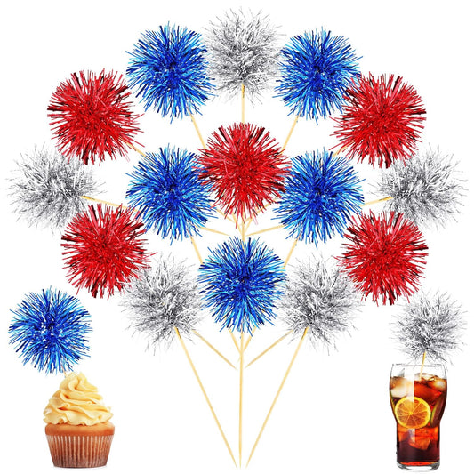 Chinco 100 Pcs Foil Firework Cupcake Toppers Sparkle Tinsel Cake Toppers Cake Decoration Cocktail Fruit Toothpick for Birthday Wedding Graduation Party(Silver, Red, Blue)