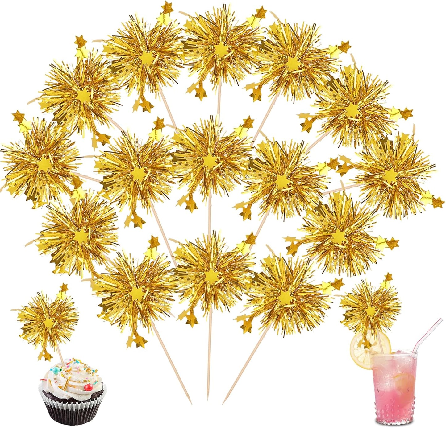30 PCS Foil Firework Cupcake Toppers Star Cupcake Picks Sparkle Tinsel Flower Drink Stirrers Cocktail Food Fruit Toothpicks for Baby Shower Wedding Birthday Party Cake Decorations Supplies Gold