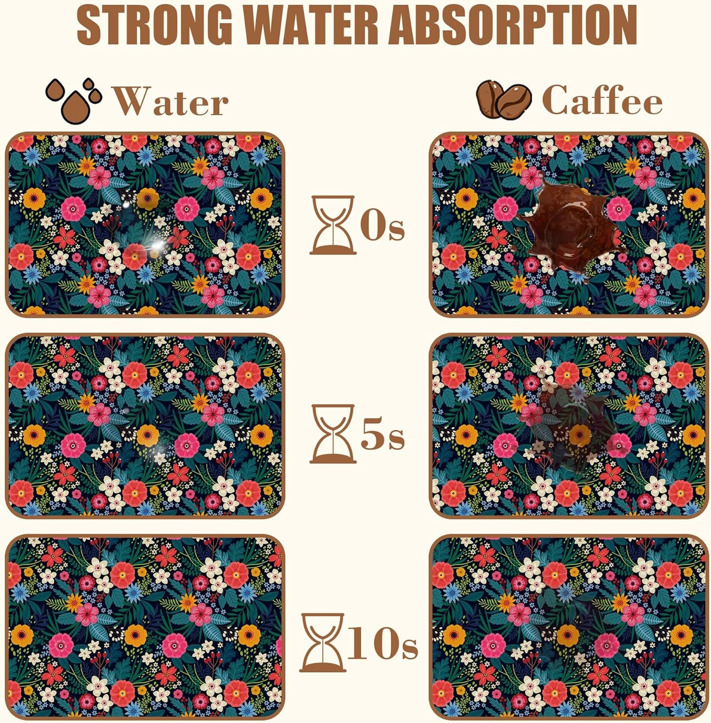 Dish Drying Mat Colorful Flowers and Leaves Coffee Bar Mat for Countertop Absorbent Hide Stain Rubber Backed Dish Drainer Rack Pad Espresso Machine Table Accessories Dining Room Decor 11.8 x 19.7 Inch - cafe - crumble.com