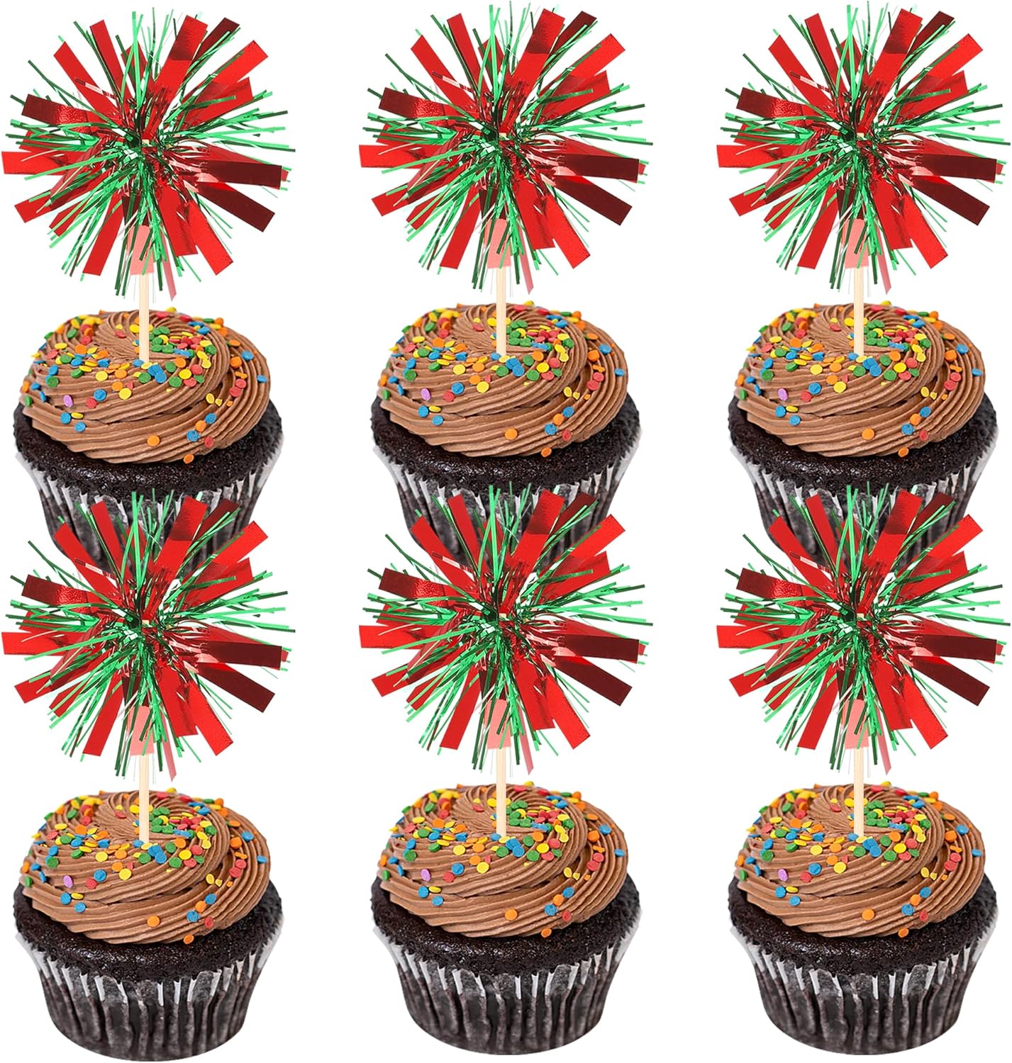 30 PCS Foil Firework Cupcake Toppers Sparkle Tinsel Cupcake Picks Happy Birthday Cake Decorations Drink Stirrers Cocktail Food Fruit Toothpicks for Baby Shower Graduation Party Supplies Red Green