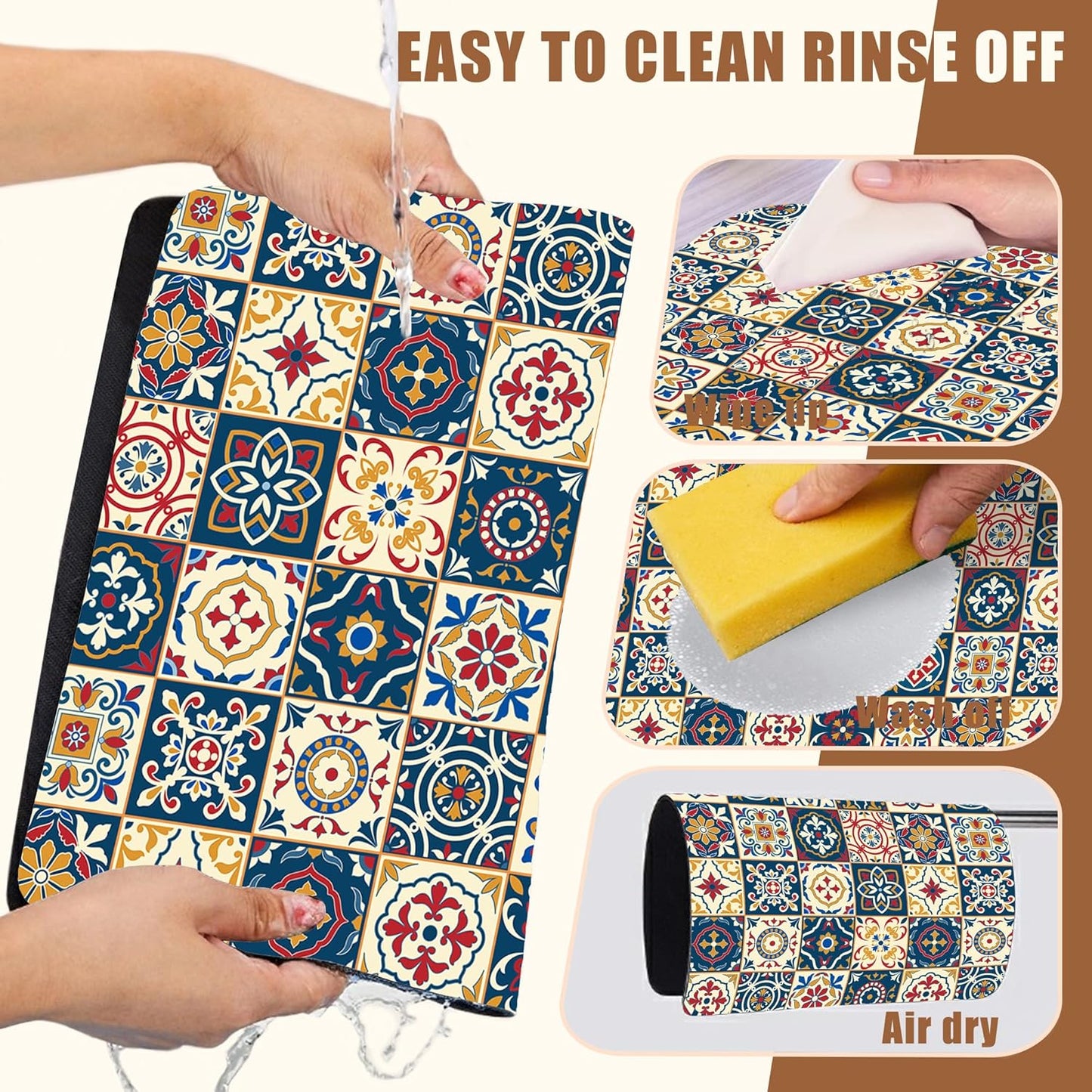 Dish Drying Mat Moroccan Tile Coffee Bar Mat for Countertop Absorbent Rubber Backed Hide Stain Dish Drainer Rack Pad Coffee Maker Espresso Machine Dining Room Decoration 11.8 x 19.7 Inch - cafe - crumble.com