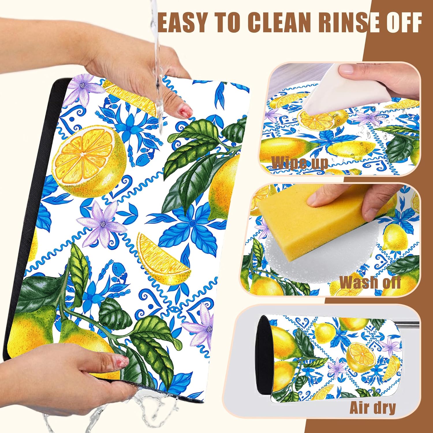 Lemon Fruit and Purple Flower Coffee Mat Absorbent Dish Drying Mat for Kitchen Counter Hide Stain Rubber Backed Coffee Bar Accessories Fit Under Espresso Machine Dish Drainer, 11.8 x 19.7 Inch - cafe - crumble.com